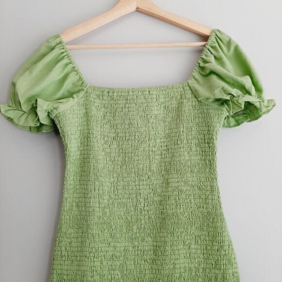 ENGLISH FACTORY / Smocked Ruffle Hem Puff Sleeve Mini Dress Green Sz M - Picture 11 of 14